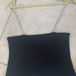 Rhinestone strapped, cropped black tank top